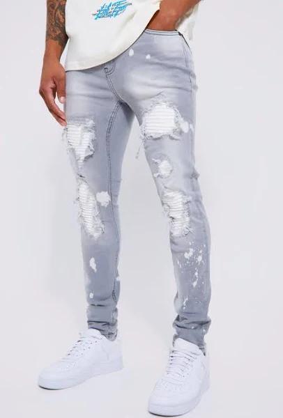 Mens Light Grey Skinny Stretch Ripped and Repair PU Biker Jeans