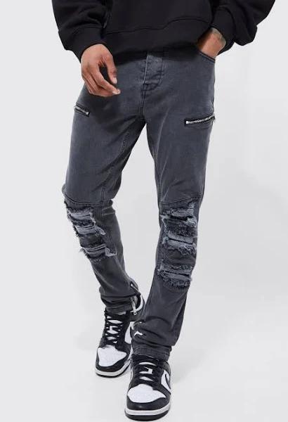 Mens Light Grey Skinny Stretch Ripped Biker Jeans