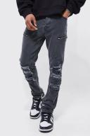 Mens Light Grey Skinny Stretch Ripped Biker Jeans