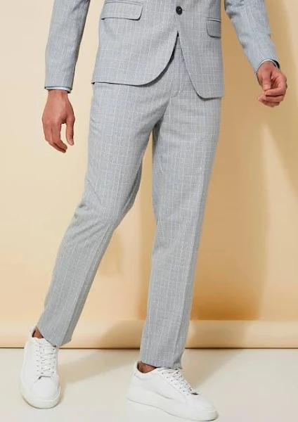 Mens Light Grey Slim Check Suit Trousers
