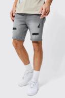 Mens Light Grey Tall Skinny Stretch Distressed Denim Short