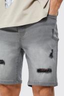 Mens Light Grey Tall Skinny Stretch Distressed Denim Short