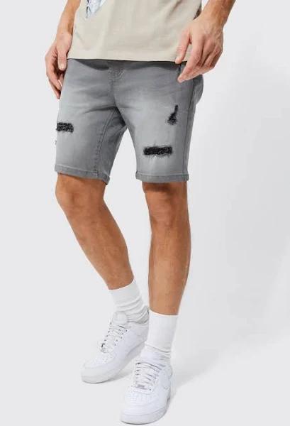 Mens Light Grey Tall Skinny Stretch Distressed Denim Short