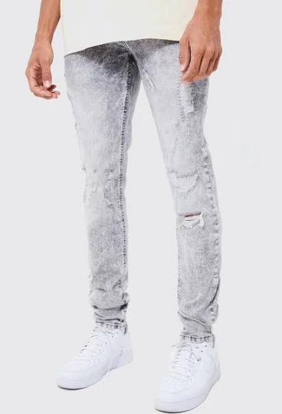 Mens Light Grey Tall Skinny Stretch Multi Rip Jeans