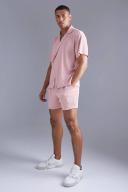 Mens Light Pink Boxy Wrap Texture Shirt and Short Set