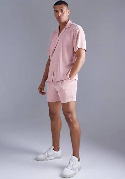 Mens Light Pink Boxy Wrap Texture Shirt and Short Set