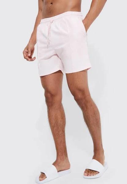 Mens Light Pink Mid Length Pintuck Swim Shorts