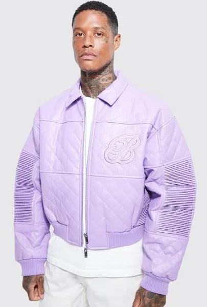 Mens Lilac Boxy Fit PU Quilted Collared Bomber