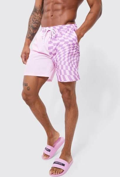 Mens Lilac Mid Length Spliced Checkerboard Swim Shorts