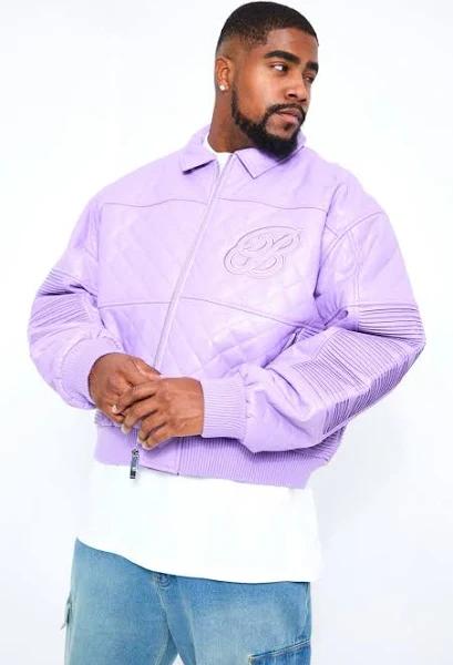 Mens Lilac Plus Boxy Fit PU Quilted Collared Bomber