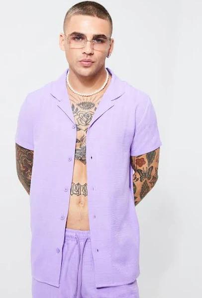 Mens Lilac Short Sleeve Linen Revere Shirt