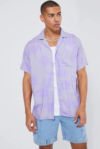 Mens Lilac Short Sleeve Oversized Viscose Face Shirt