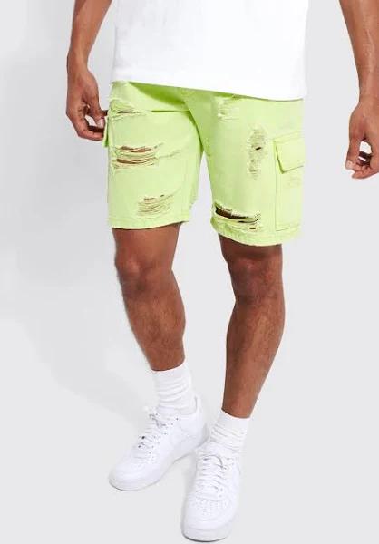 Mens Lime Fixed Waist Relaxed Rip and Repair Cargo Short