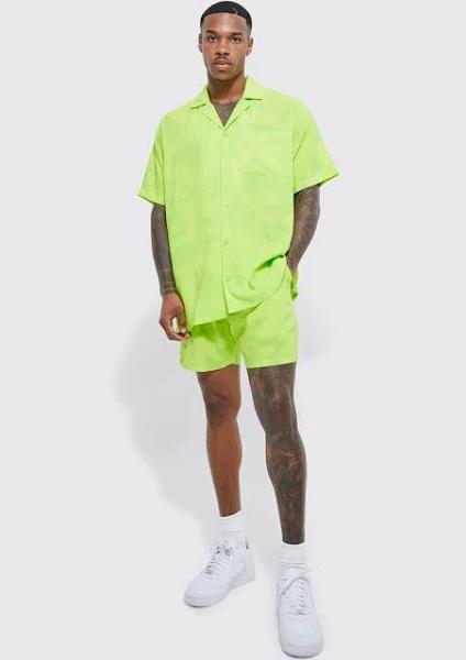 Mens Lime Short Sleeve Oversized Viscose Face Shirt and Short