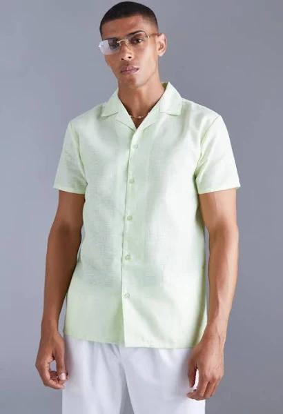 Mens Lime Short Sleeve Regular Linen Look Shirt