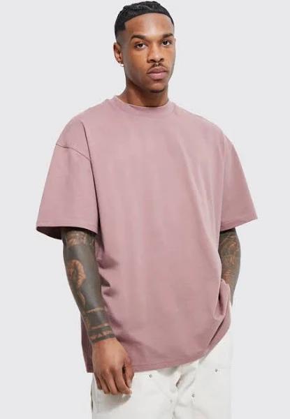 Mens Mauve Oversized Extended Neck Heavy T-Shirt