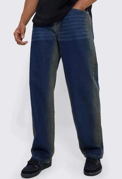 Mens Mid Blue Baggy Fit Washed Panel Jeans