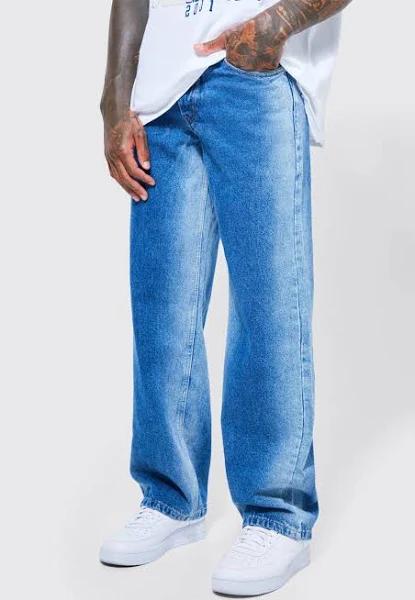 Mens Mid Blue Baggy Rigid Bleached Jean