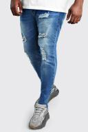 Mens Mid Blue Plus Size Skinny Jeans with Paint Splatter
