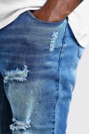 Mens Mid Blue Plus Size Skinny Jeans with Paint Splatter