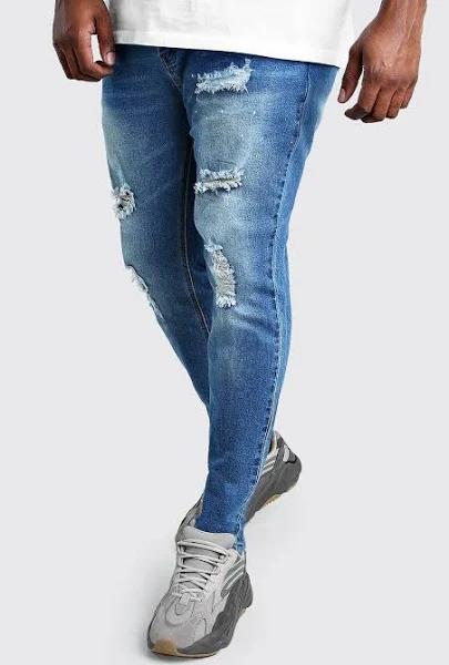 Mens Mid Blue Plus Size Skinny Jeans with Paint Splatter