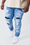 Mens Mid Blue Plus Skinny Stretch All Over Ripped Jeans