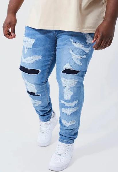 Mens Mid Blue Plus Skinny Stretch All Over Ripped Jeans