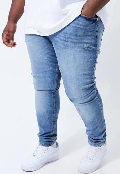 Mens Mid Blue Plus Skinny Zip Detail Ripped Stacked Jeans