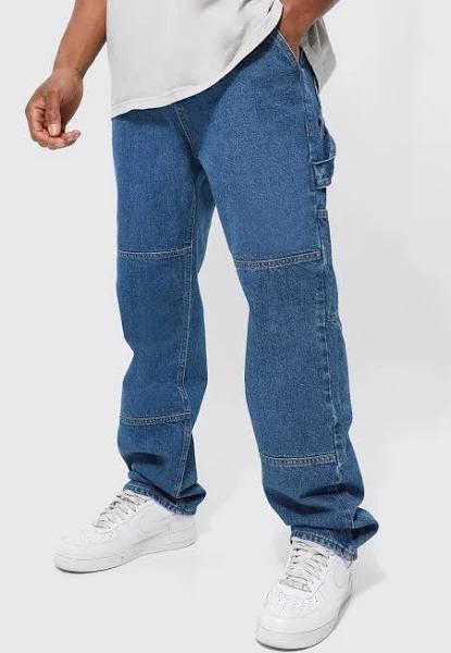 Mens Mid Blue Relaxed Fit Carpenter Jeans with Drop Crotch