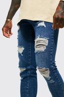 Mens Mid Blue Skinny Stretch All Over Rip Jean