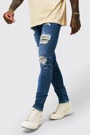 Mens Mid Blue Skinny Stretch All Over Rip Jean