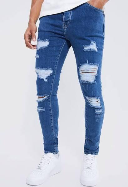 Mens Mid Blue Skinny Stretch All Over Rip Jean