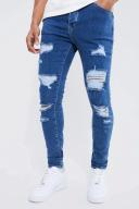 Mens Mid Blue Skinny Stretch All Over Rip Jean