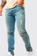 Mens Mid Blue Skinny Stretch Busted Knee Crinkle Jeans