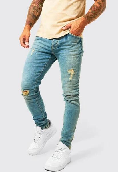 Mens Mid Blue Skinny Stretch Busted Knee Crinkle Jeans