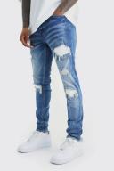 Mens Mid Blue Skinny Stretch Rip and Repair Biker Jeans