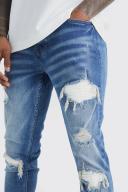 Mens Mid Blue Skinny Stretch Rip and Repair Biker Jeans