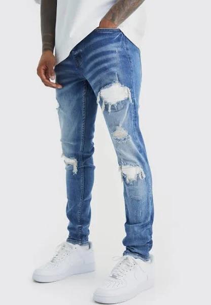 Mens Mid Blue Skinny Stretch Rip and Repair Biker Jeans