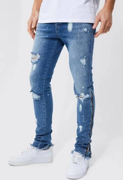 Mens Mid Blue Tall Skinny Stretch Zip Detail Jeans