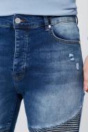 Mens Mid Blue Tall Super Skinny Ripped Biker Jean