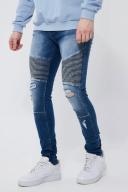 Mens Mid Blue Tall Super Skinny Ripped Biker Jean