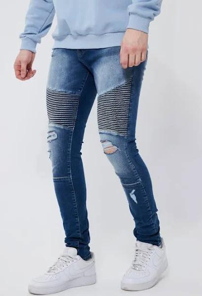 Mens Mid Blue Tall Super Skinny Ripped Biker Jean