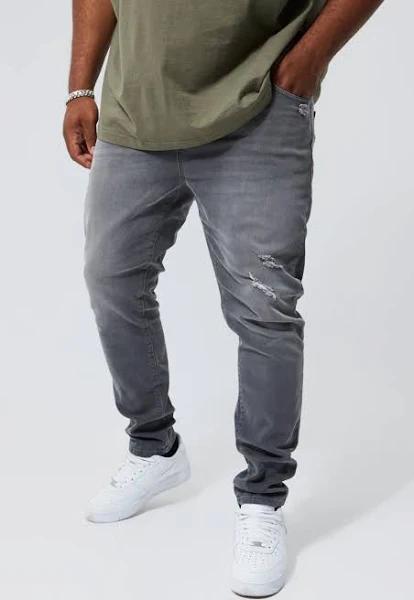 Mens Mid Grey Plus Skinny Stretch Knee Rip Jeans