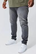 Mens Mid Grey Plus Skinny Stretch Knee Rip Jeans
