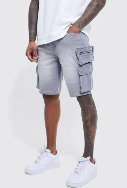 Mens Mid Grey Skinny Stretch Cargo Denim Shorts