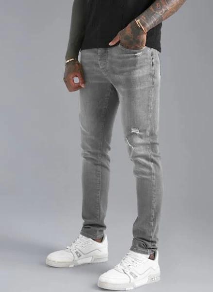 Mens Mid Grey Skinny Stretch Distressed Jeans
