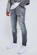 Mens Mid Grey Skinny Stretch Rip and Repair Biker Jeans