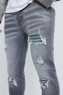 Mens Mid Grey Skinny Stretch Rip and Repair Biker Jeans