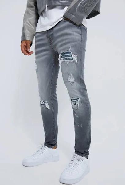 Mens Mid Grey Skinny Stretch Rip and Repair Biker Jeans