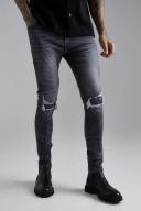 Mens Mid Grey Skinny Stretch Rip and Repair Zips Jeans